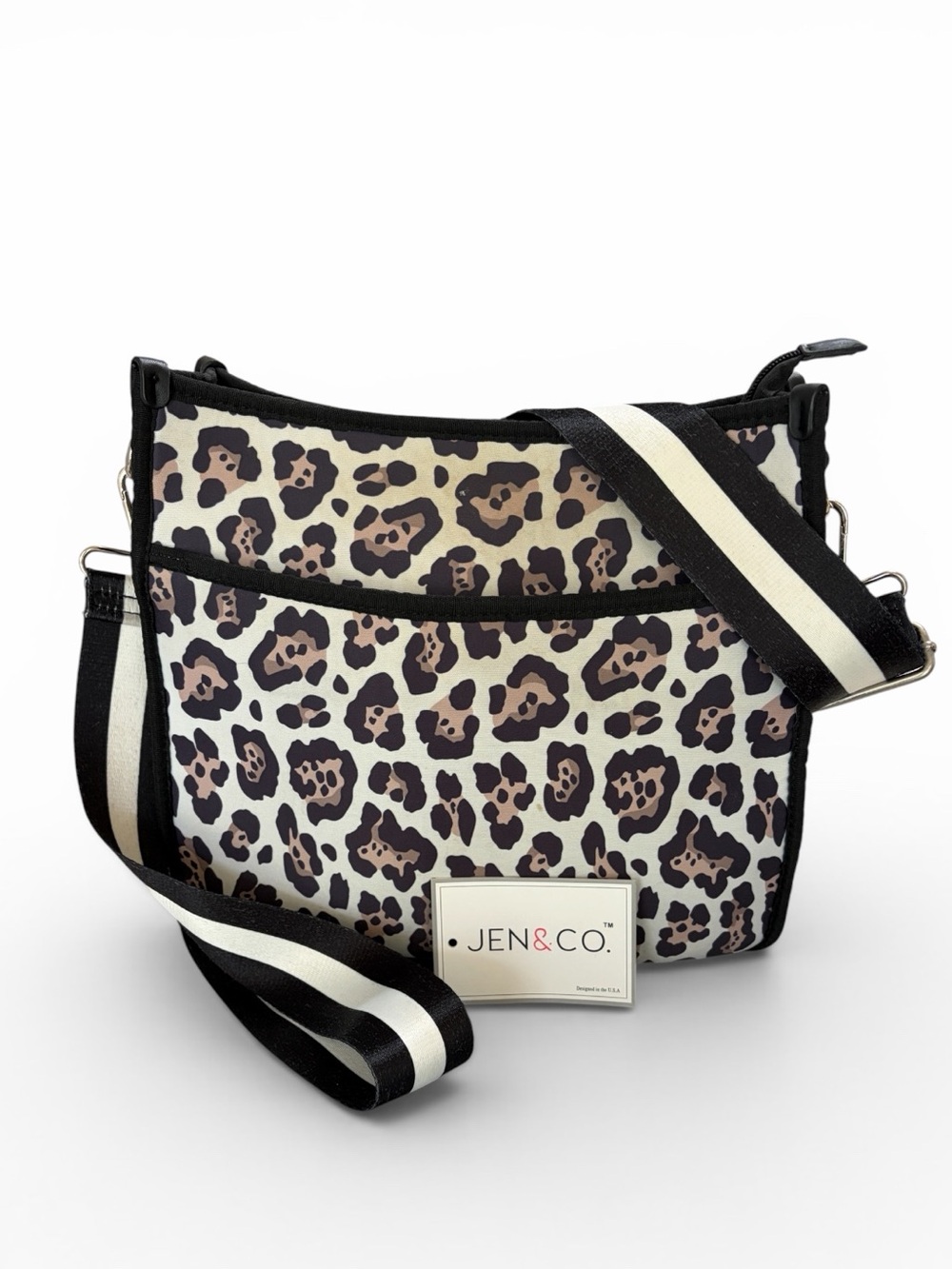 Jen & Co  Leopard Print Black & Tan Neoprene  Messenger Crossbody